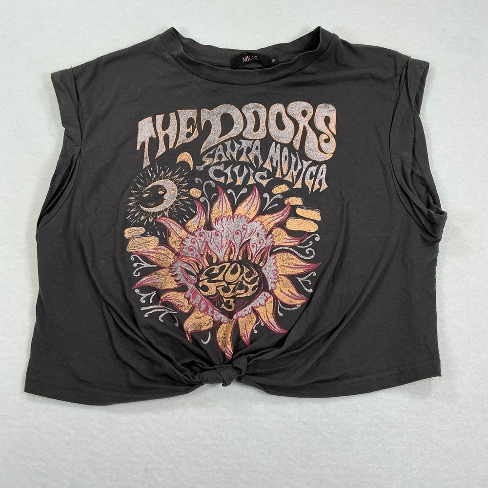 Micas The Doors Santa Monica Civic Graphic Knot Front Crop Tank Top Grey Medium
